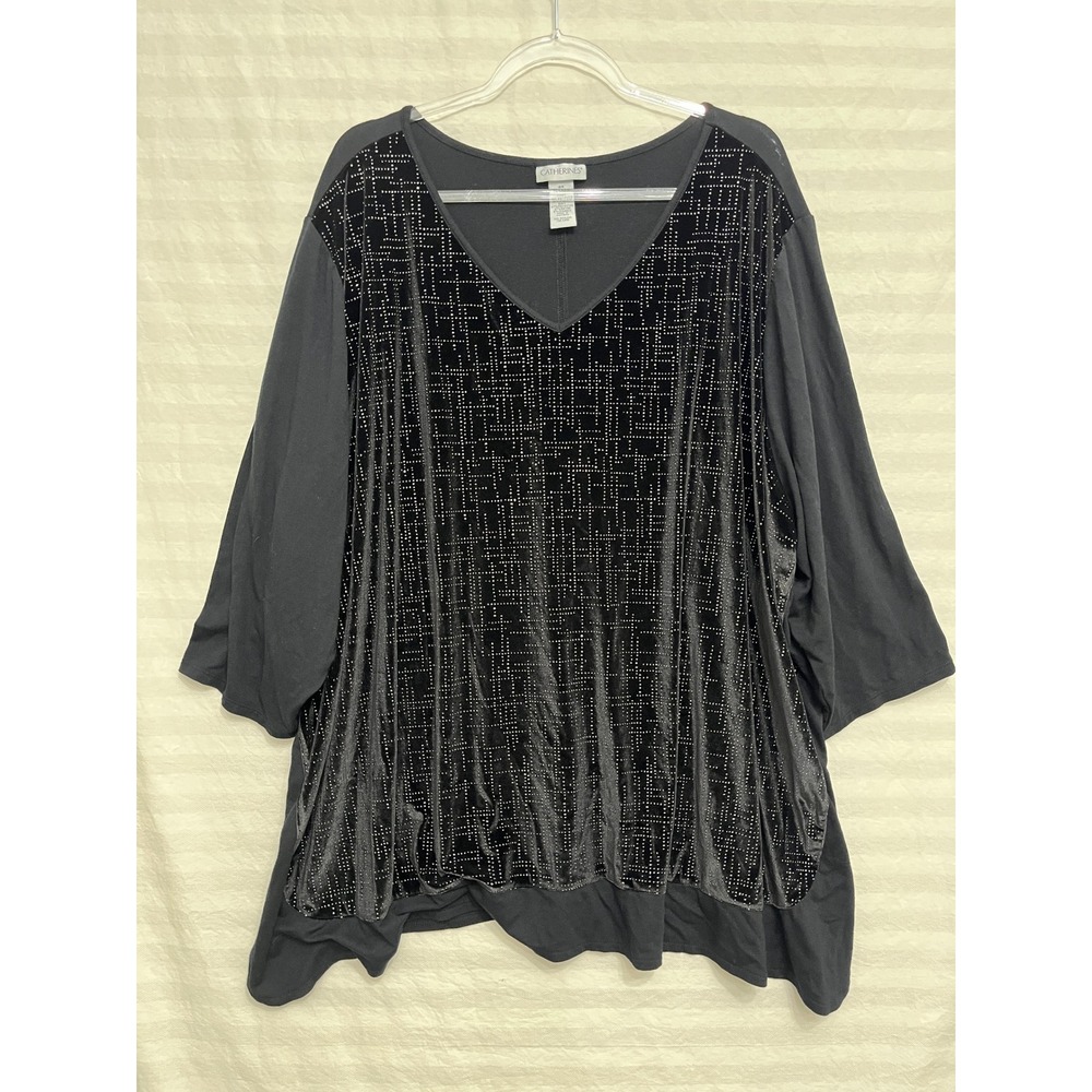 Catherines Blouse Size 4X Black Metallic Velvet Grid V-Neck 3/4 Sleeve Casual